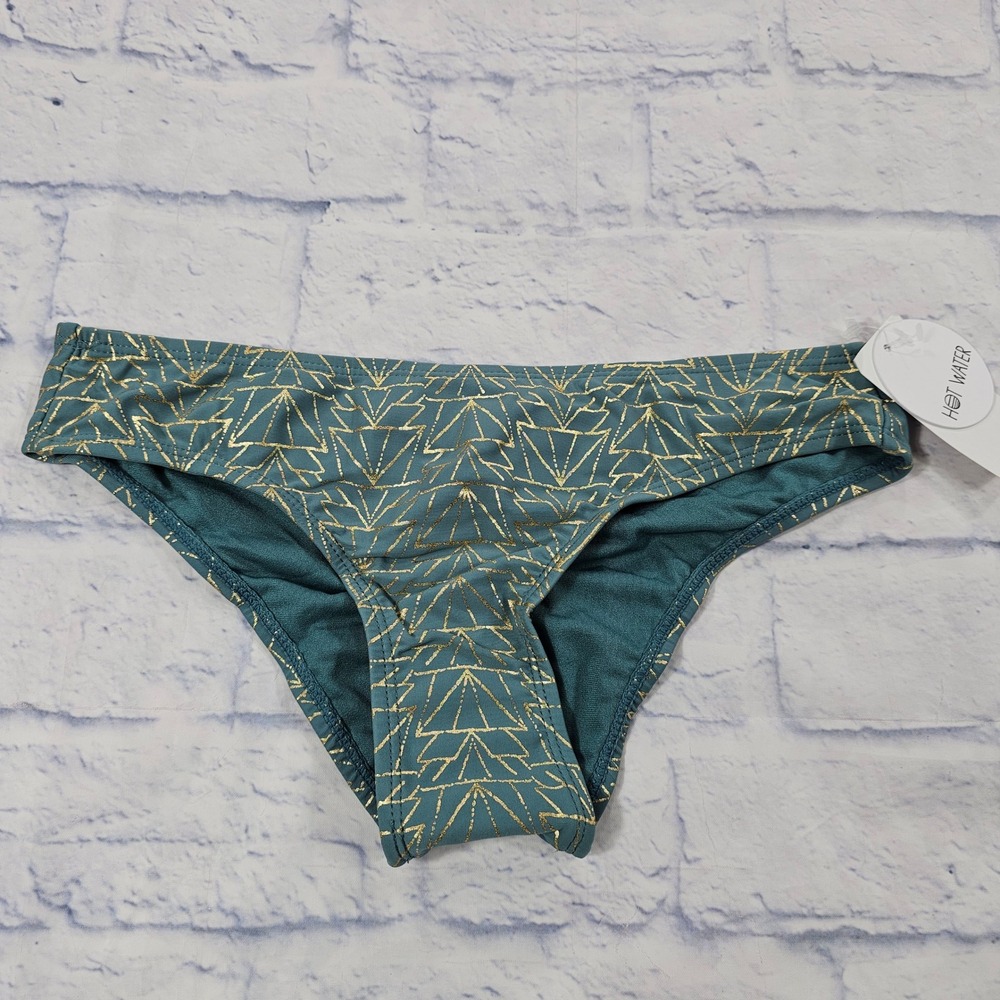 Hot Water Bikini Bottom Women S Teal Gold Geometric Ruched Back 24GG1049 NWT